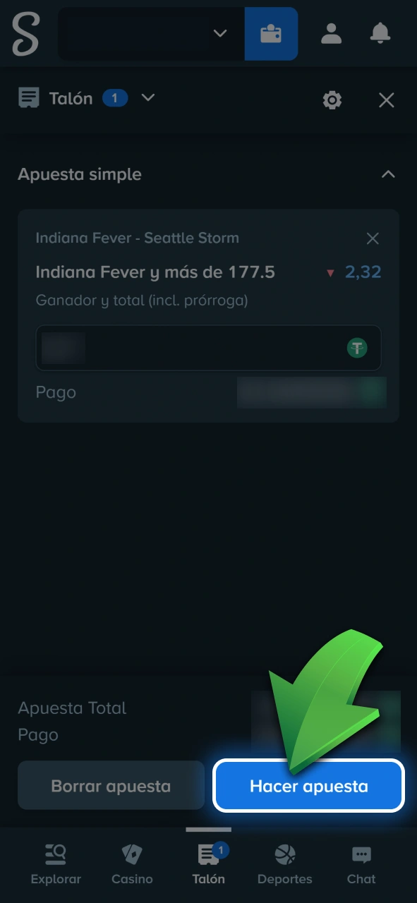 Revisa los detalles de tu cupón y confirmá tu apuesta de básquetbol en Stake.